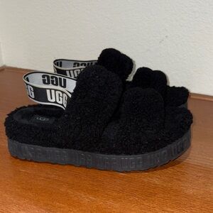 UGG Black Fluffy Slippers with Branded Strap